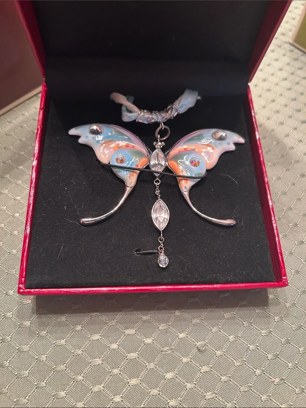 FRANZ Butterfly Pendant Necklace – Pastel Blue & Peach Porcelain